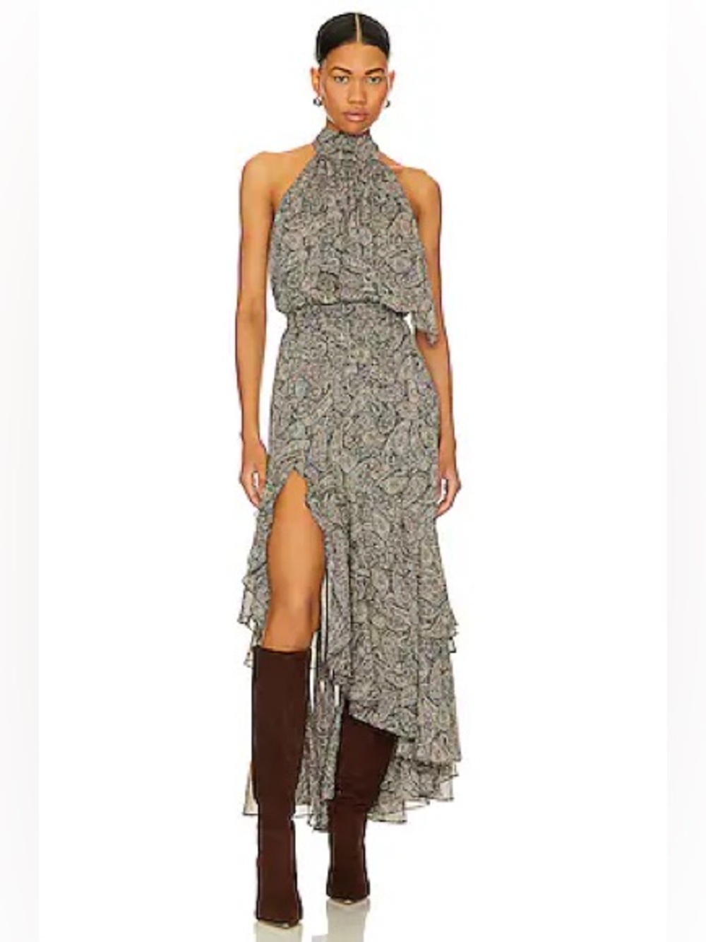 Misa Los Angeles Brown Paisley Halter Tiered Maxi Dress